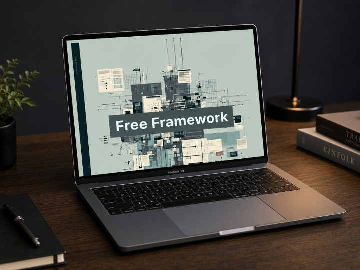Laptop on a desk with 'Free Framework' displayed on the screen