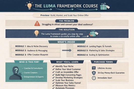 Promotional graphic for the Luma Framework Course with course modules and benefits.