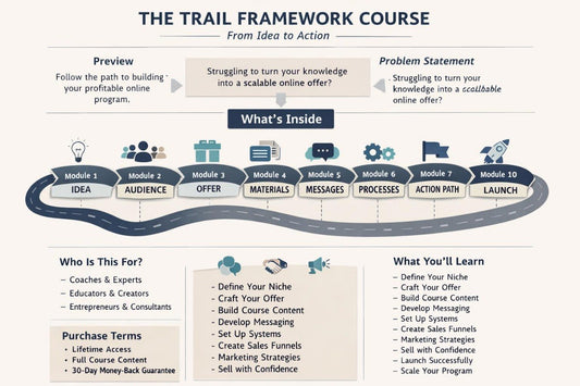 Trail Framework Course outline with modules and key topics on a white background