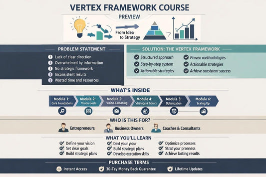 Vertex Framework Course preview with modules and benefits on a blue and beige background