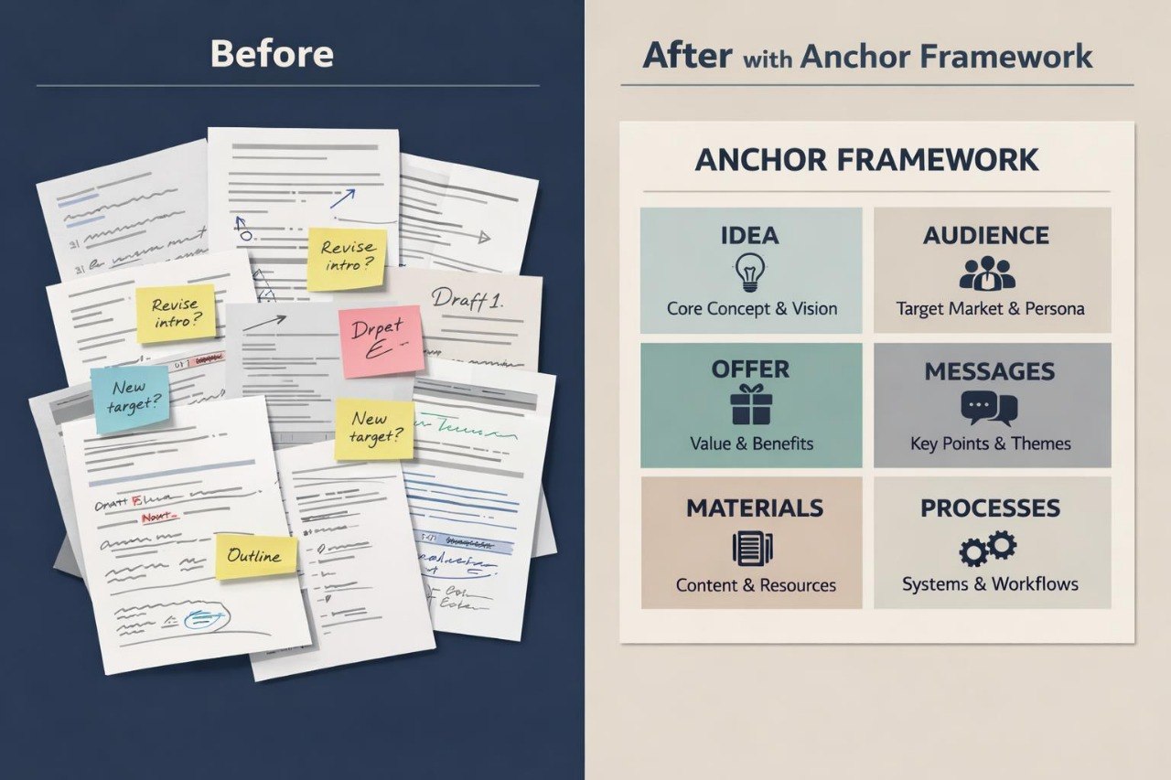 Comparison of written notes with colorful sticky notes on one side and Anchor Framework diagram on the other.