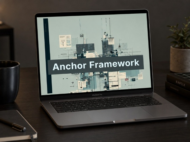 Laptop displaying 'Anchor Framework' on a desk with a plant and mug in the background