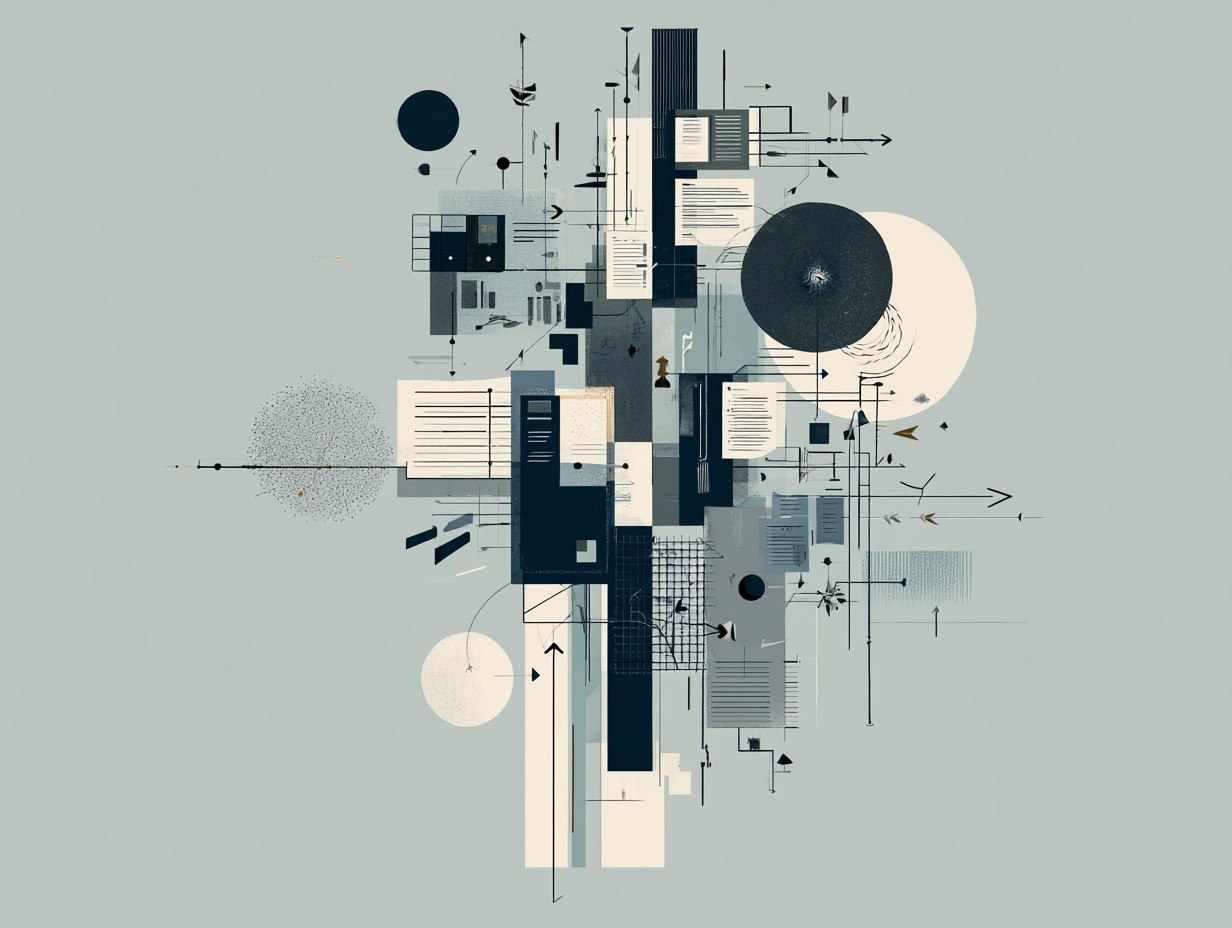 Abstract geometric design with various shapes and lines on a light gray background