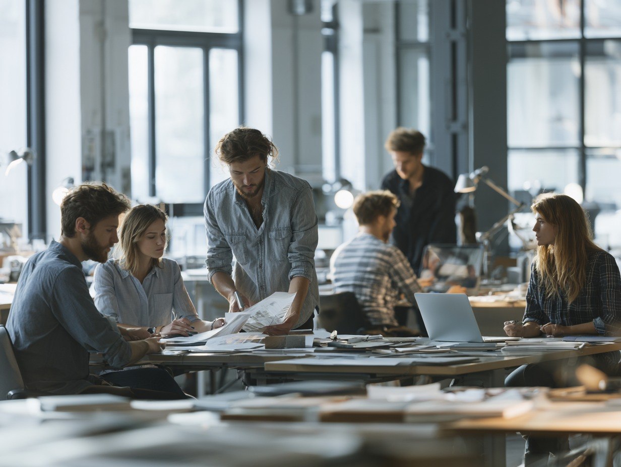 Group of people working together in a modern office setting