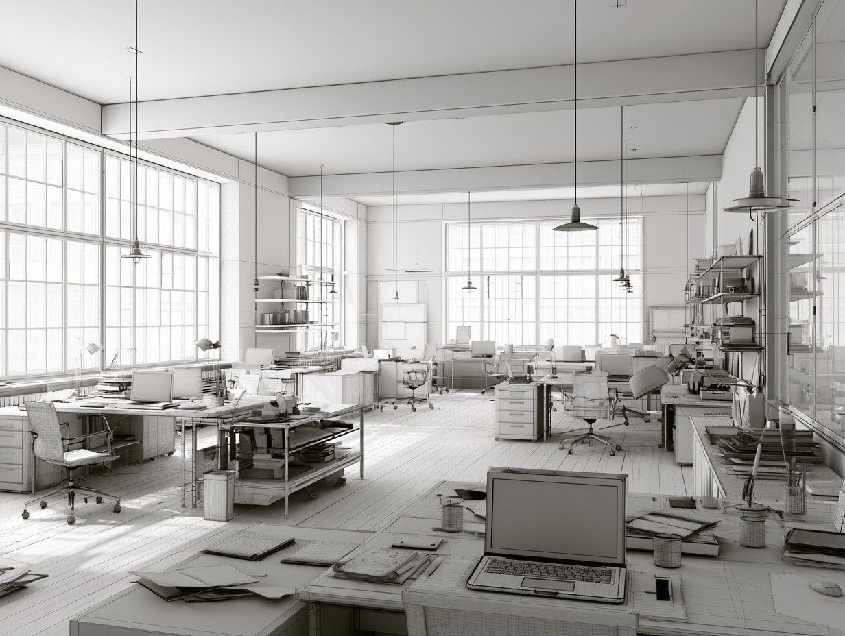 Modern office space with desks, chairs, and large windows.