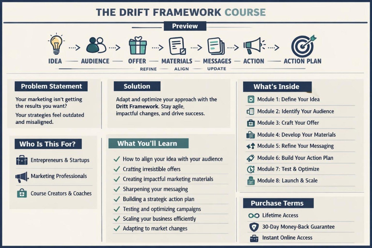 Overview of a marketing course titled 'The Drift Framework Course' with modules and benefits.