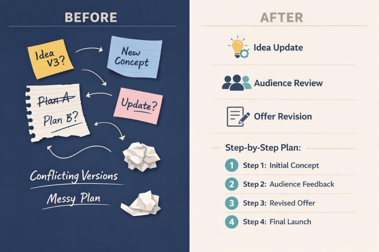 Before and after comparison of a messy planning process with structured steps.