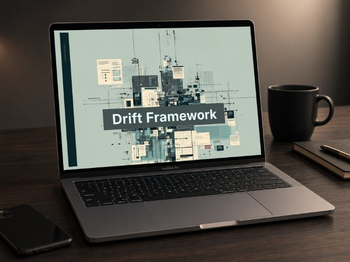 Laptop on a desk with 'Drift Framework' displayed on the screen