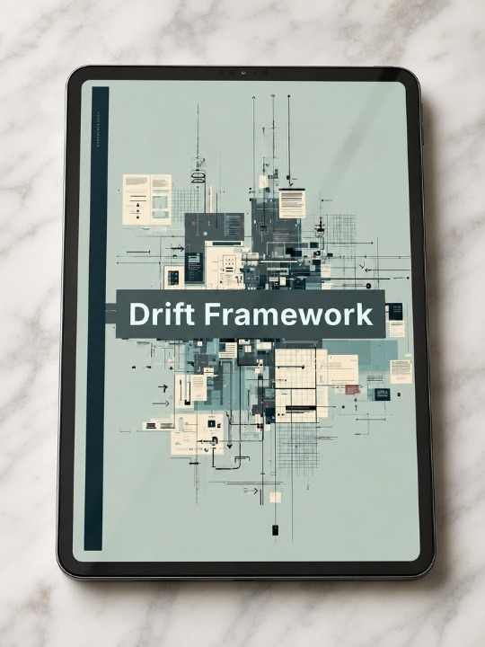 Tablet displaying a design app interface with 'Drift Framework' on a marble surface