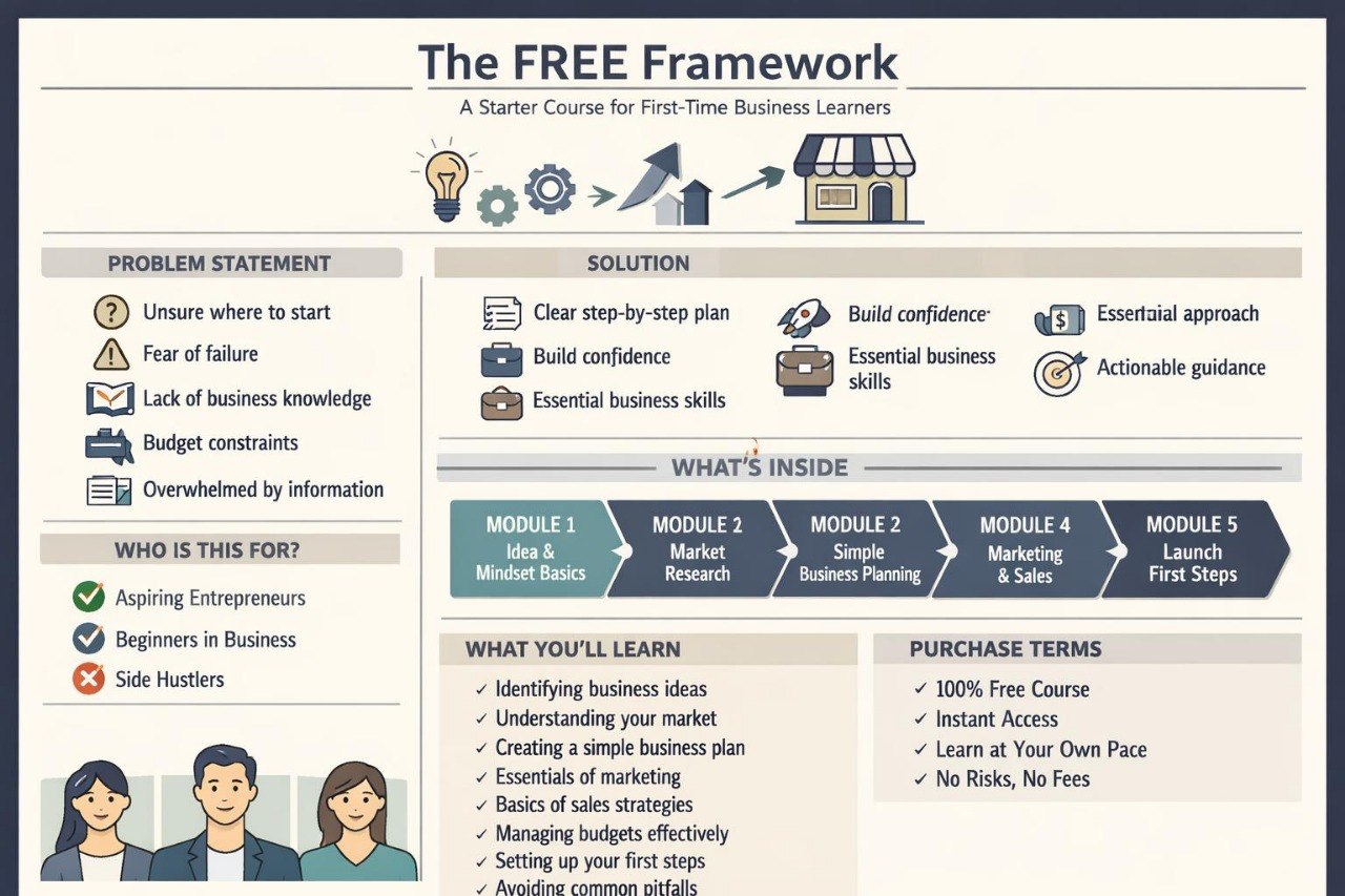 Overview of 'The FREE Framework' course for first-time business learners with icons and text.