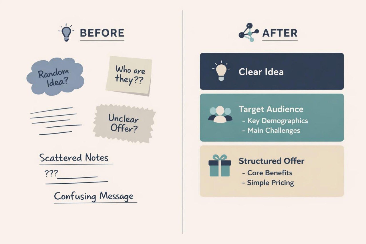 Before and after comparison of a business idea presentation with clear structure and key elements.