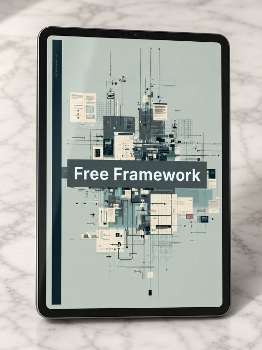 Tablet displaying a design app interface with 'Free Framework' text on a marble surface