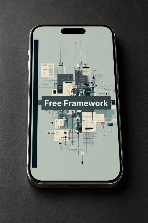 Phone displaying a cityscape app with 'Free Framework' text on a dark background