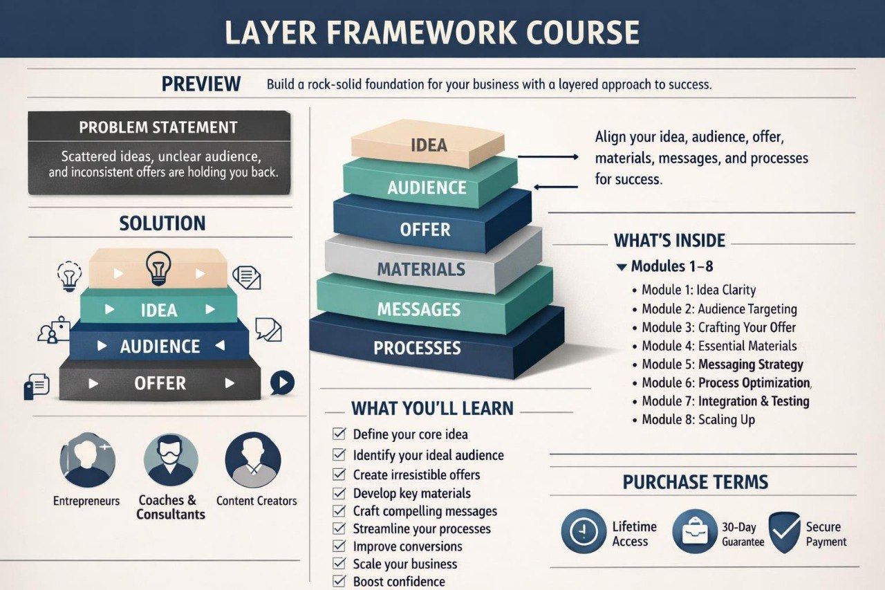 Layer Framework Course overview with a pyramid structure and text on a white background