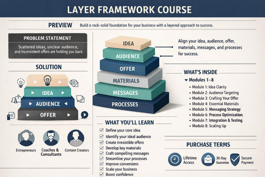 Layer Framework Course overview with a pyramid structure and text on a white background