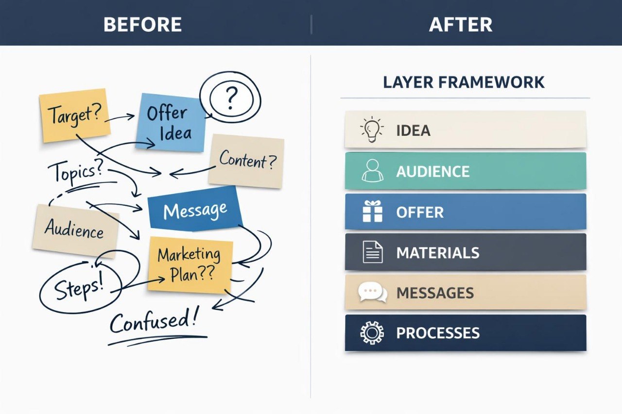Comparison of 'Before' and 'After' diagrams with sticky notes and a layer framework.