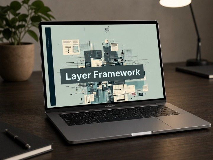 Laptop on a desk displaying 'Layer Framework' on a screen