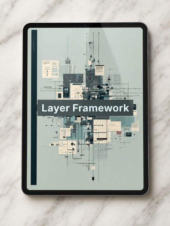 Tablet displaying 'Layer Framework' on a marble surface