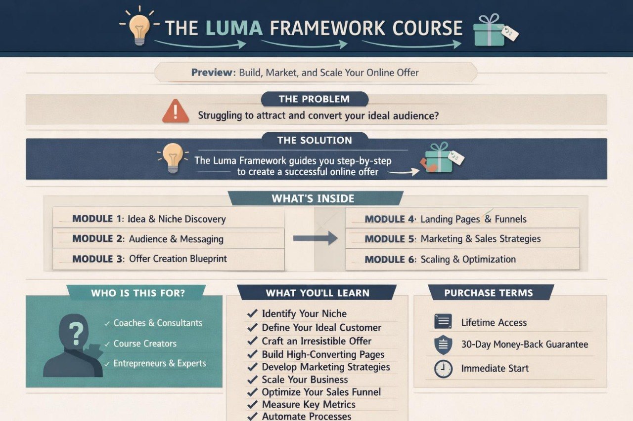 Promotional graphic for the Luma Framework Course with course modules and benefits.
