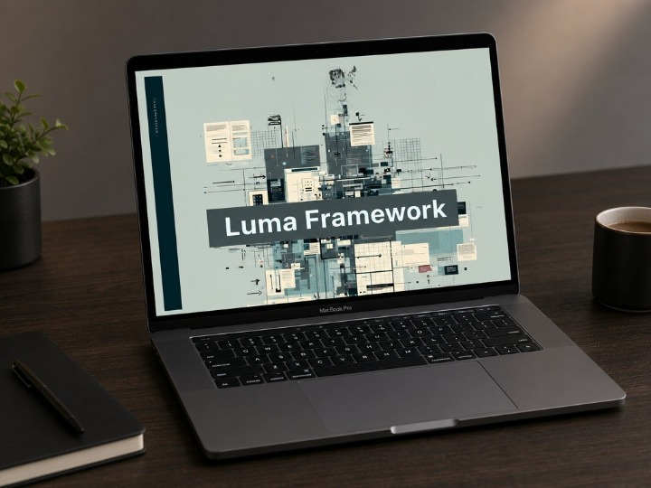 Laptop on a desk with 'Luma Framework' displayed on the screen