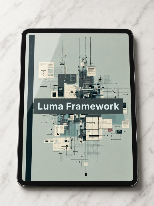 Tablet displaying a design with 'Luma Framework' text on a marble surface