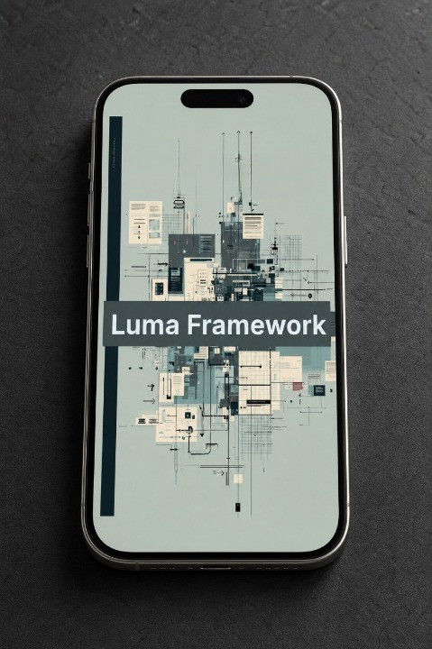 Phone displaying a cityscape with 'Luma Framework' text on a dark background