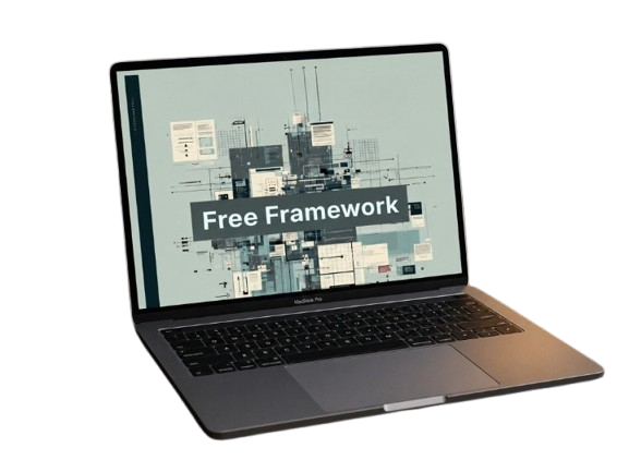 Laptop displaying a design software interface with 'Free Framework' text on a white background