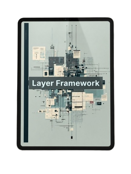 Tablet displaying a design with 'Layer Framework' text on a white background