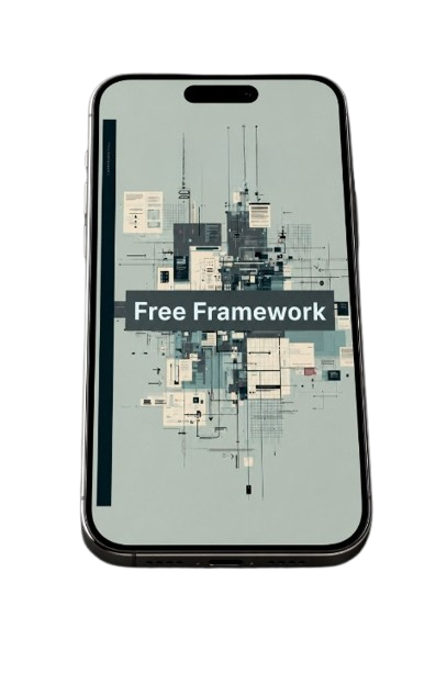 Phone displaying a cityscape app with 'Free Framework' text on a white background