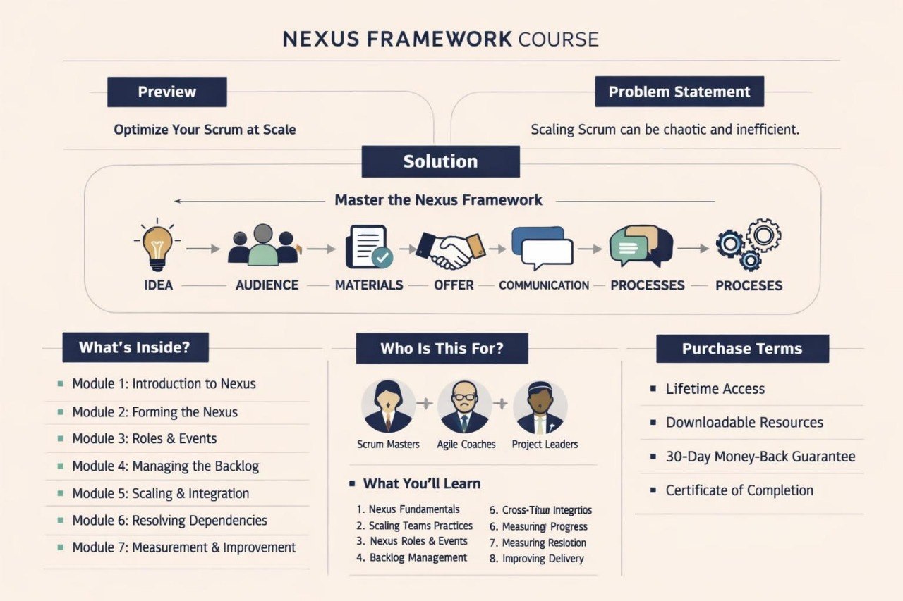 Nexus Framework Course overview with modules, target audience, and purchase terms on a white background.