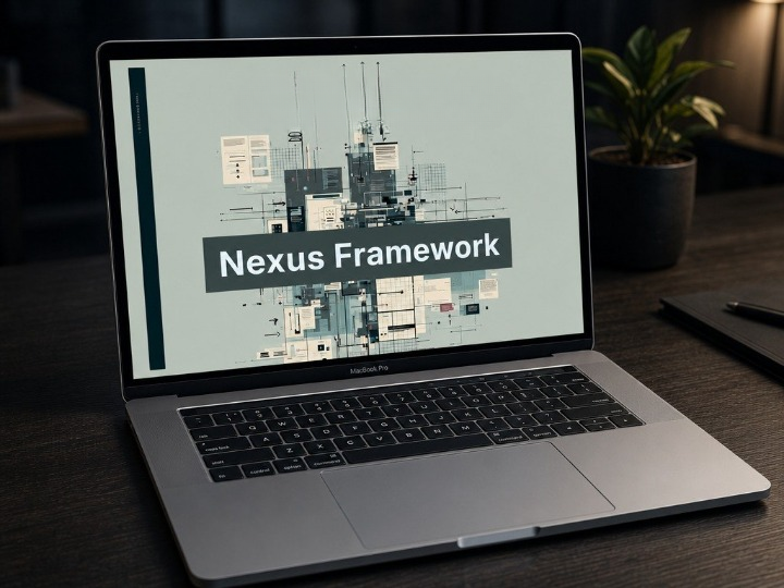 Laptop displaying 'Nexus Framework' on a desk with a plant and notebook in the background