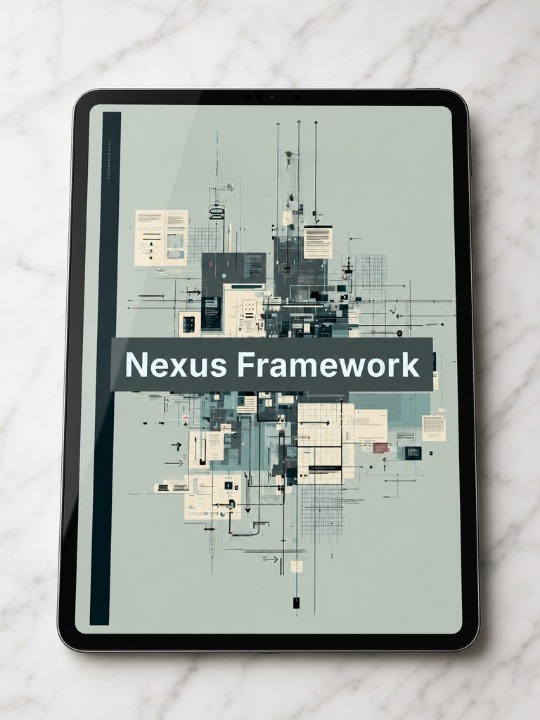 Tablet displaying 'Nexus Framework' on a marble surface