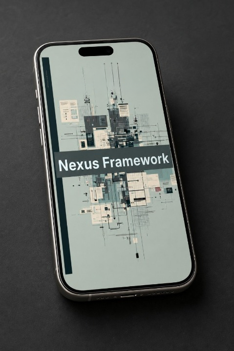 Smartphone displaying a design app interface with 'Nexus Framework' text on a dark background