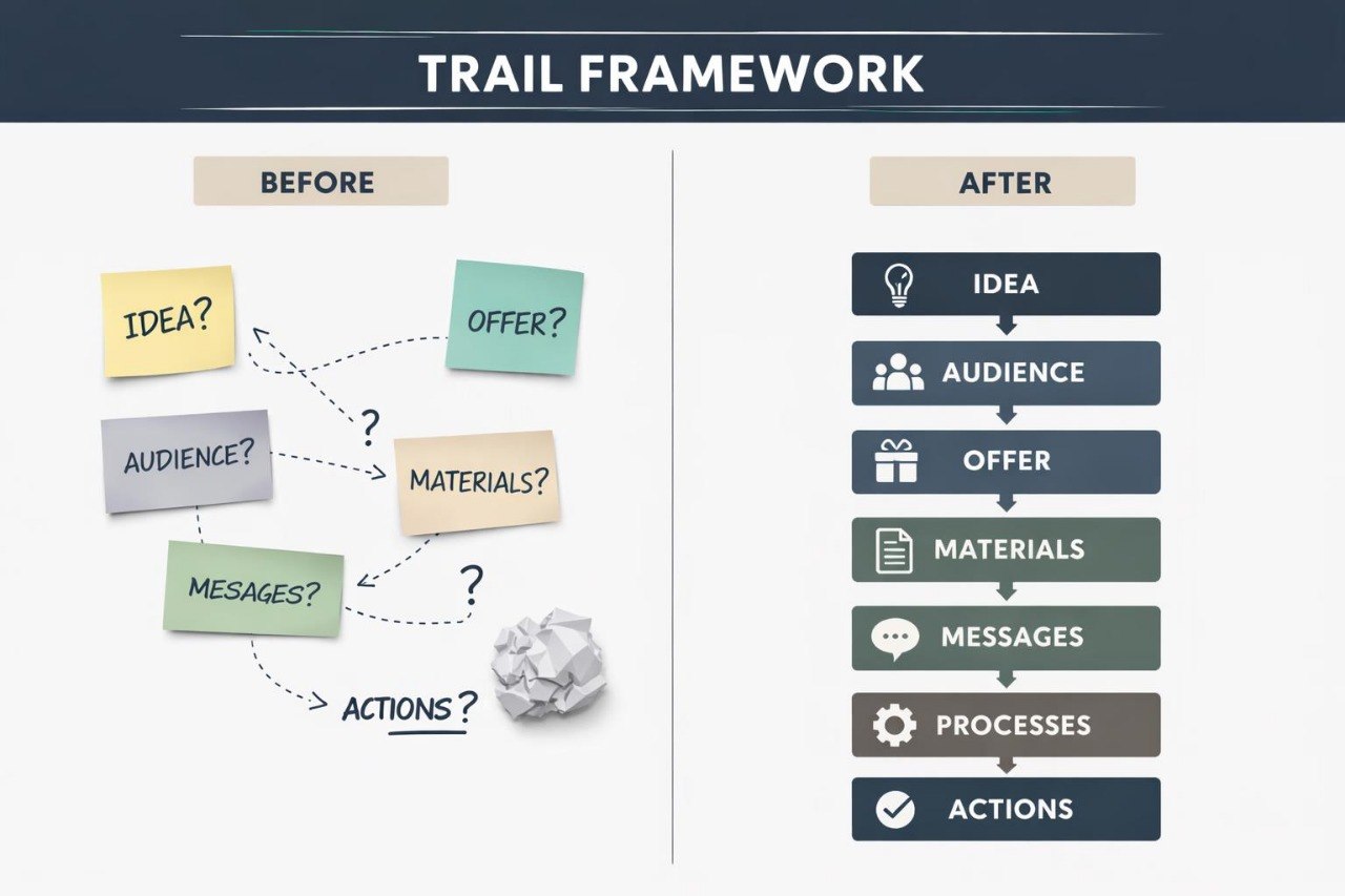 Trail framework diagram showing before and after steps with sticky notes and icons.
