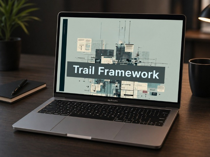 Laptop on a desk displaying 'Trail Framework' on a screen