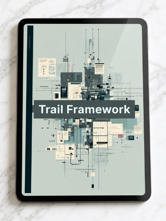 Tablet displaying a design with 'Trail Framework' text on a marble surface