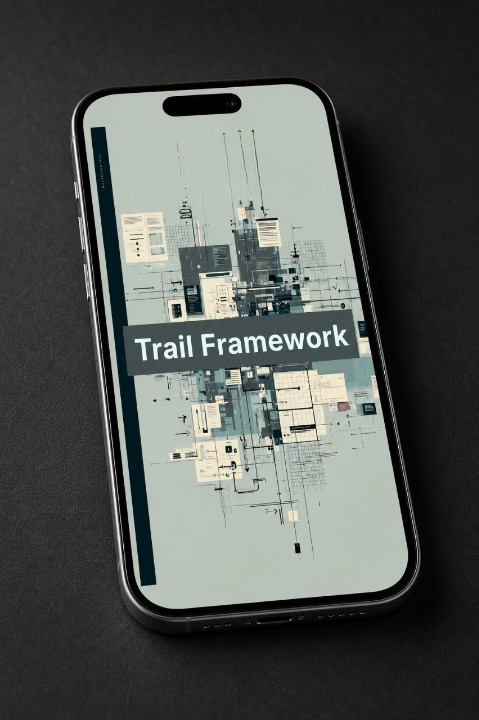 Phone displaying a cityscape app with 'Trail Framework' text on a dark background