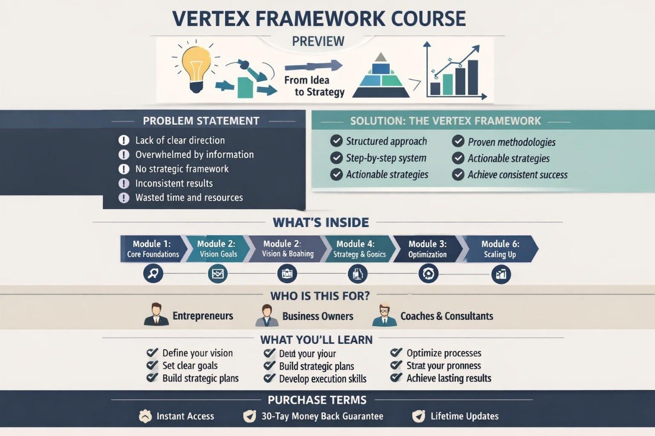 Vertex Framework Course preview with modules and benefits on a blue and beige background