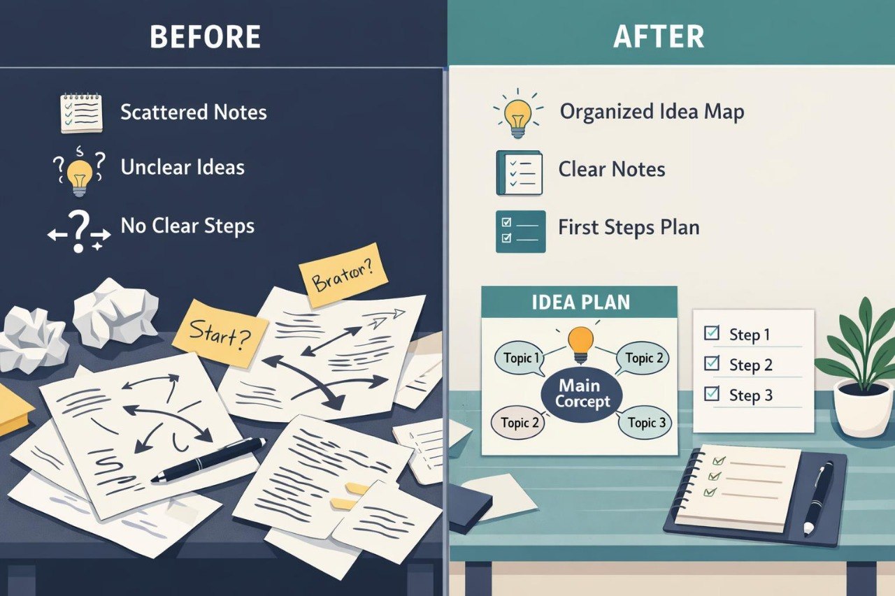 Comparison of scattered notes with an organized idea map on a table.