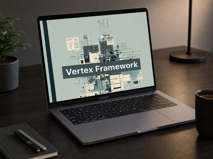 Laptop on a desk with 'Vertex Framework' displayed on the screen