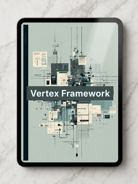 Tablet displaying a design app interface with 'Vertex Framework' branding on a marble surface.