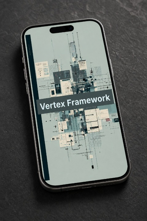 Phone displaying 'Vertex Framework' on a dark textured surface